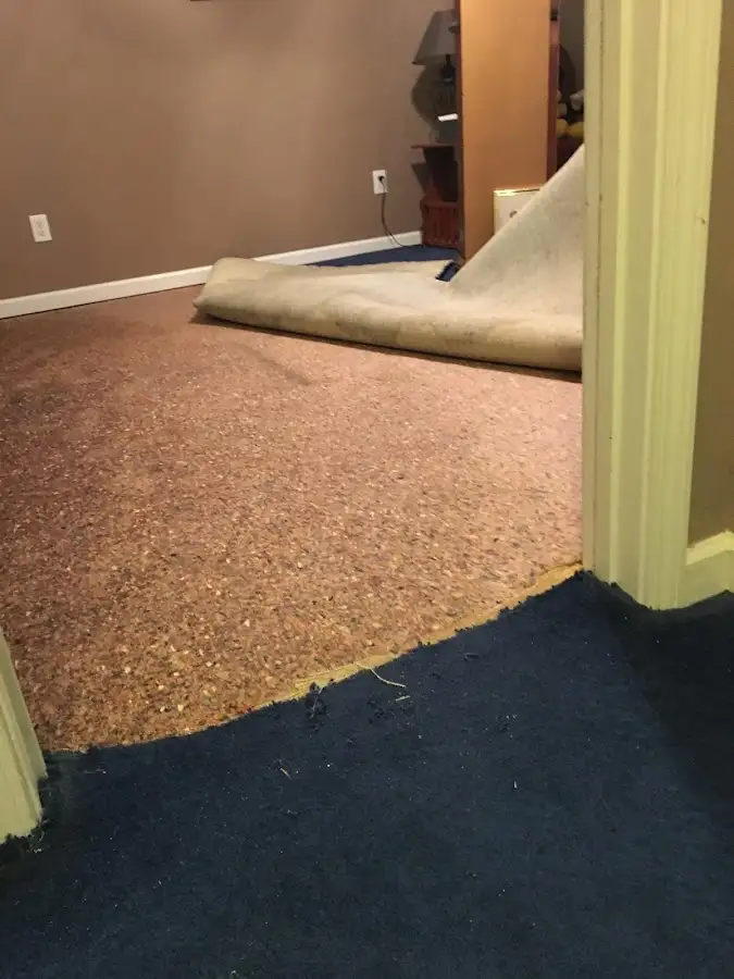 Carpet pad removal revealing water damage during Water Mitigation Services in Washington Terrace